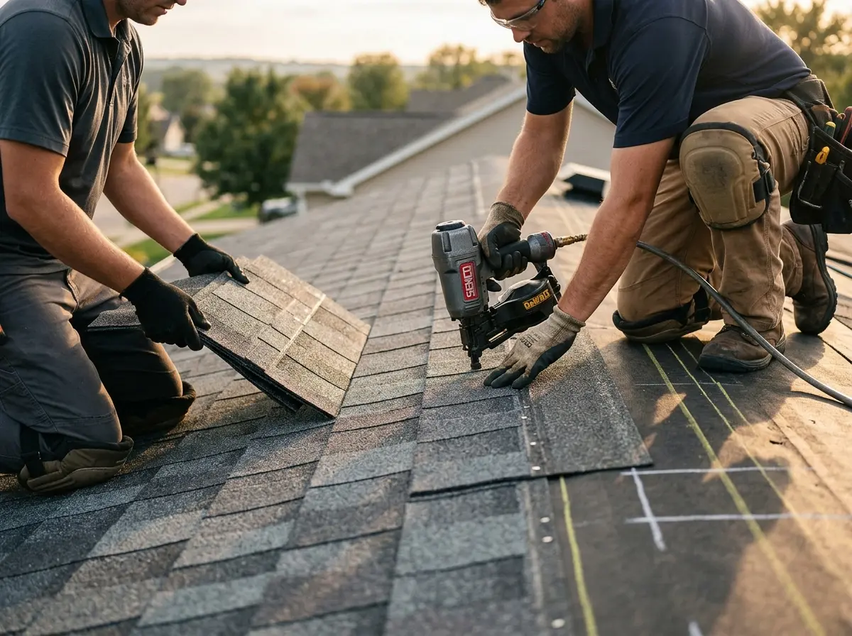 Professional roofer working on a residential roof in Smithfield